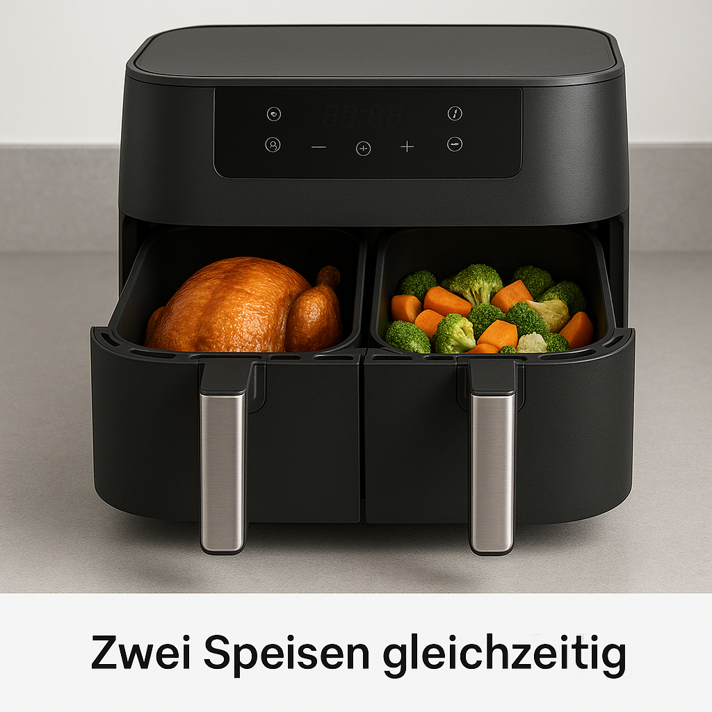 Frylina® Doppelkammer Heißluftfritteuse 9L – LED-Touch, 8 Programme, fettarm genießen